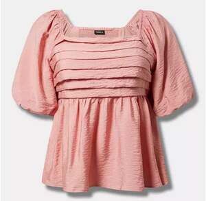 Torrid Ruched Puff Sleeve Top Rosette Pink Plus Size 1 1X